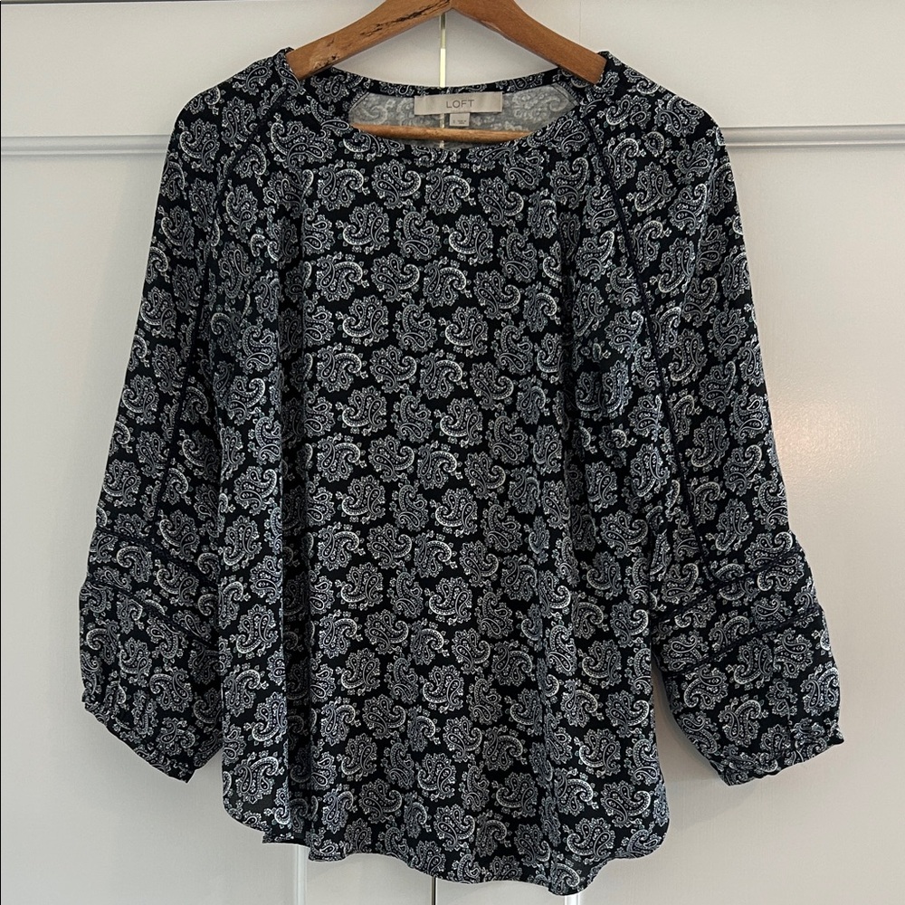 LOFT Paisley Black and White Blouse with sleeve detail
